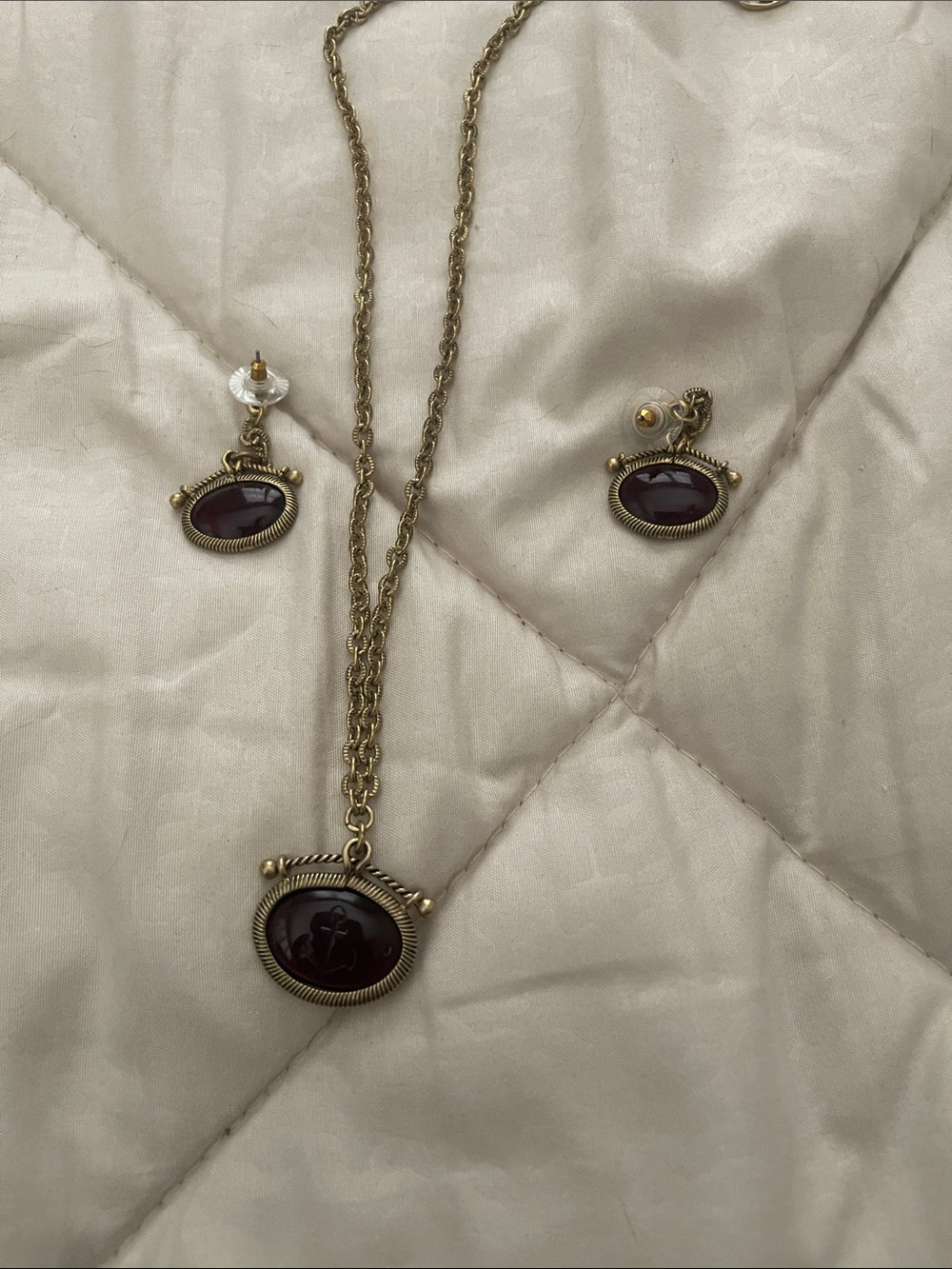 Cabi Anchor set. -Tone Necklace and Earring Set with Deep Burgundy Cabochons